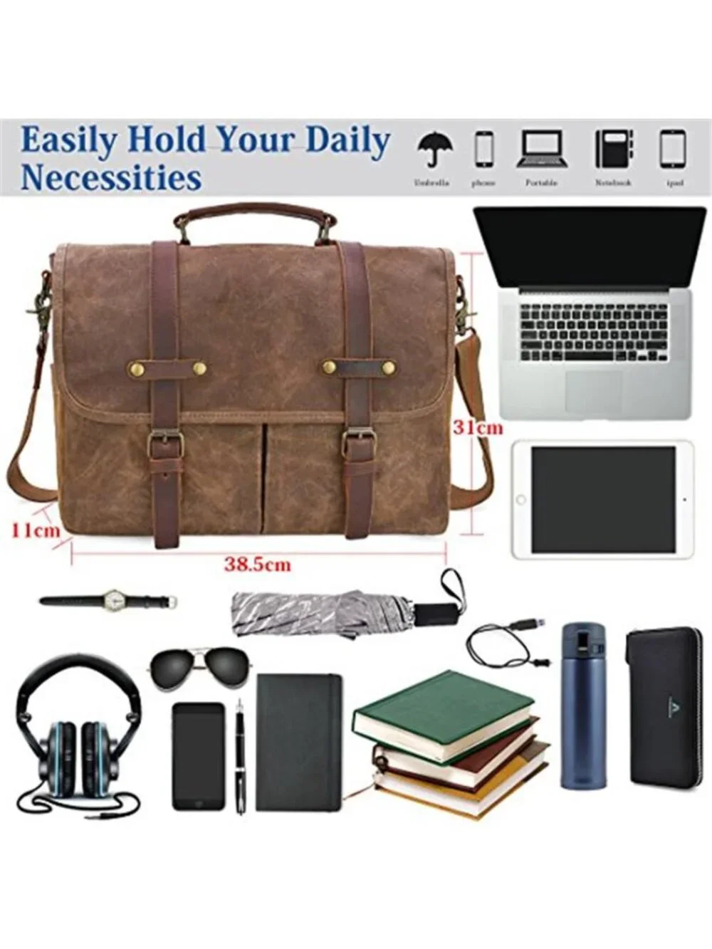 Mens Messenger Bag Leather Waxed Canvas Laptop Briefcase Crossbody Satchel